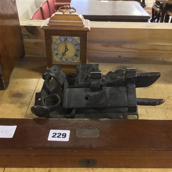 Boxed wooden rulers, old lock & clock